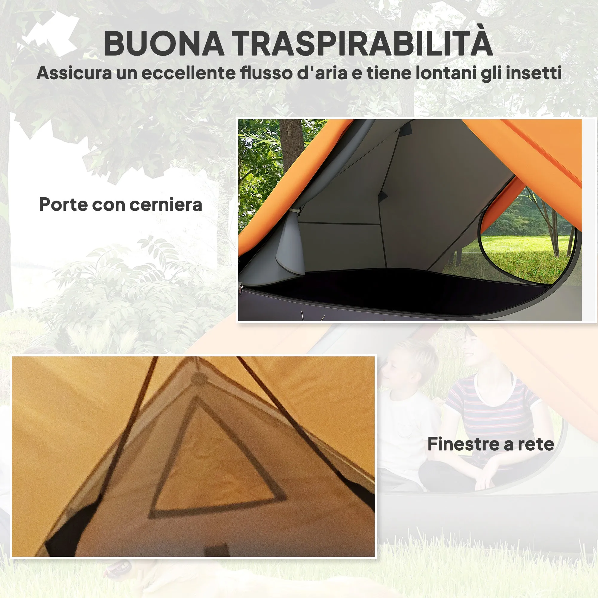2-Person Camping Tent with 2 Vestibules, 2 Doors, 2 Windows and Transport Bag, 2.8x2.25x1.1 cm, Orange