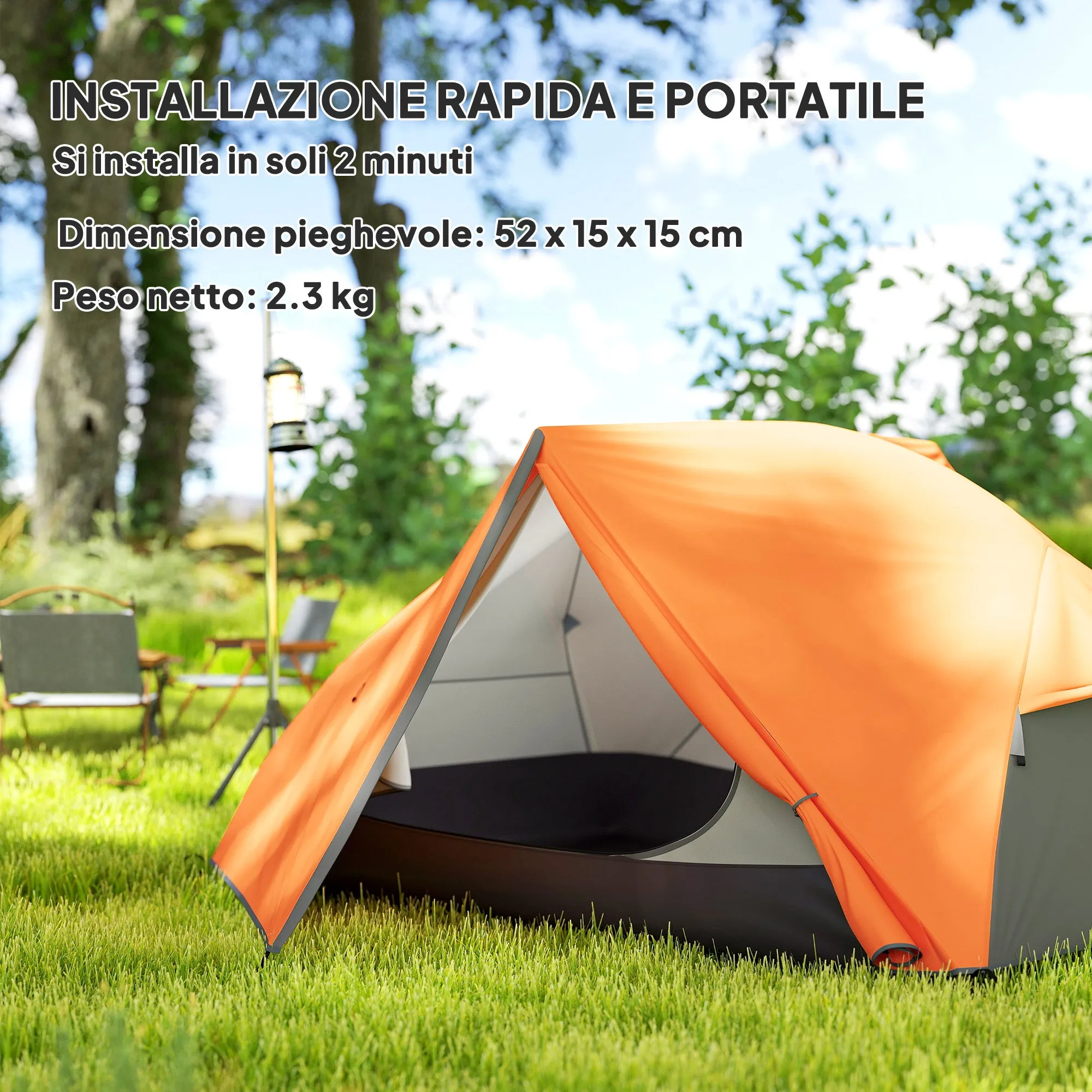 2-Person Camping Tent with 2 Vestibules, 2 Doors, 2 Windows and Transport Bag, 2.8x2.25x1.1 cm, Orange