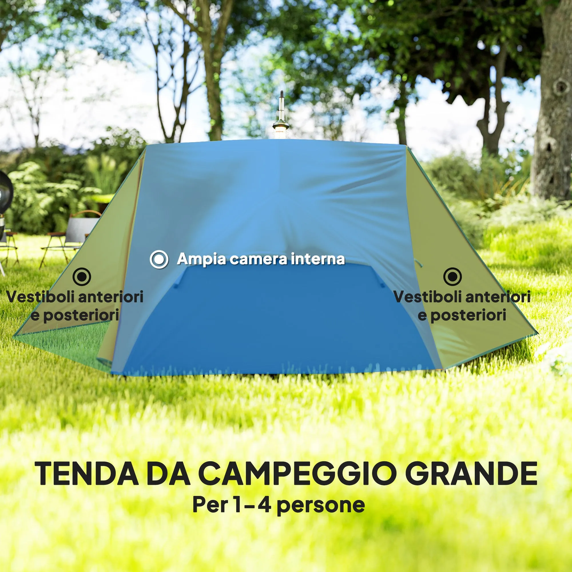 2-Person Camping Tent with 2 Vestibules, 2 Doors, 2 Windows and Transport Bag, 2.8x2.25x1.1 cm, Orange