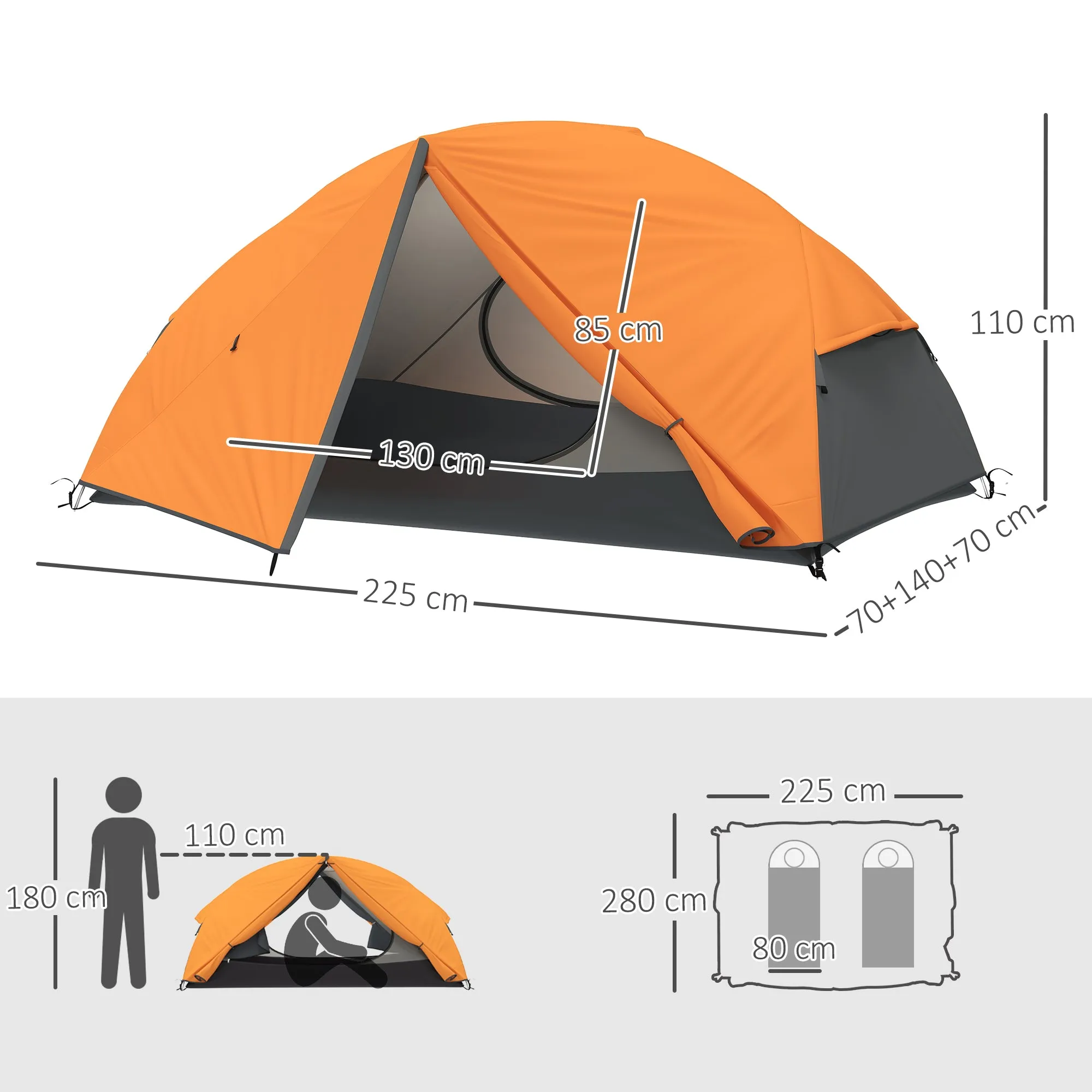 2-Person Camping Tent with 2 Vestibules, 2 Doors, 2 Windows and Transport Bag, 2.8x2.25x1.1 cm, Orange