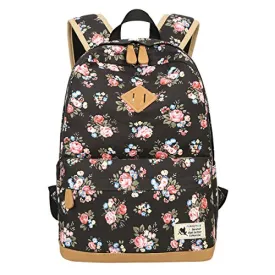 ABage Cute Casual Bag Floral Canvas Backpack College Book Bag Travel Daypack, Black1