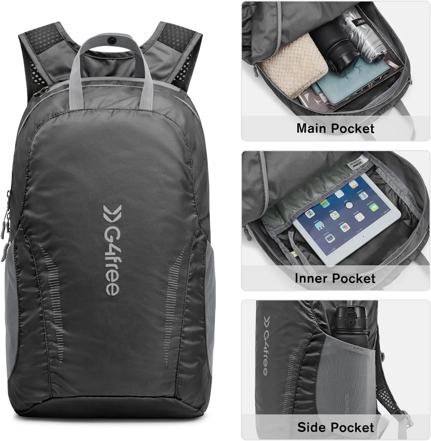 G4Free 25L Lightweight Hiking Backpack Packable Foldable Sport Travel Daypack Water Resistant for Women Men（Black）