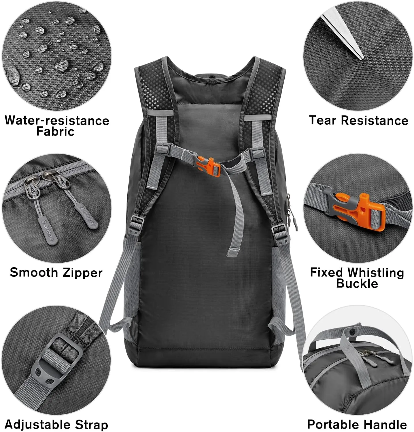 G4Free 25L Lightweight Hiking Backpack Packable Foldable Sport Travel Daypack Water Resistant for Women Men（Black）
