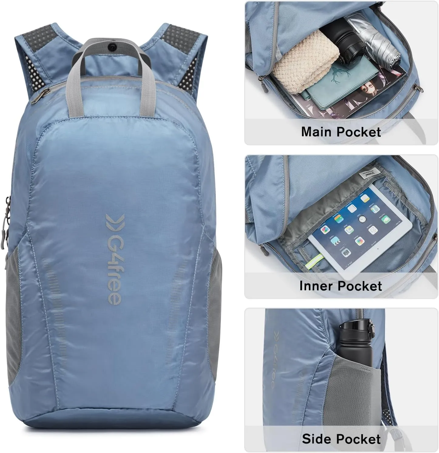 G4Free 25L Lightweight Hiking Backpack Packable Foldable Sport Travel Daypack Water Resistant for Women Men（Blue）