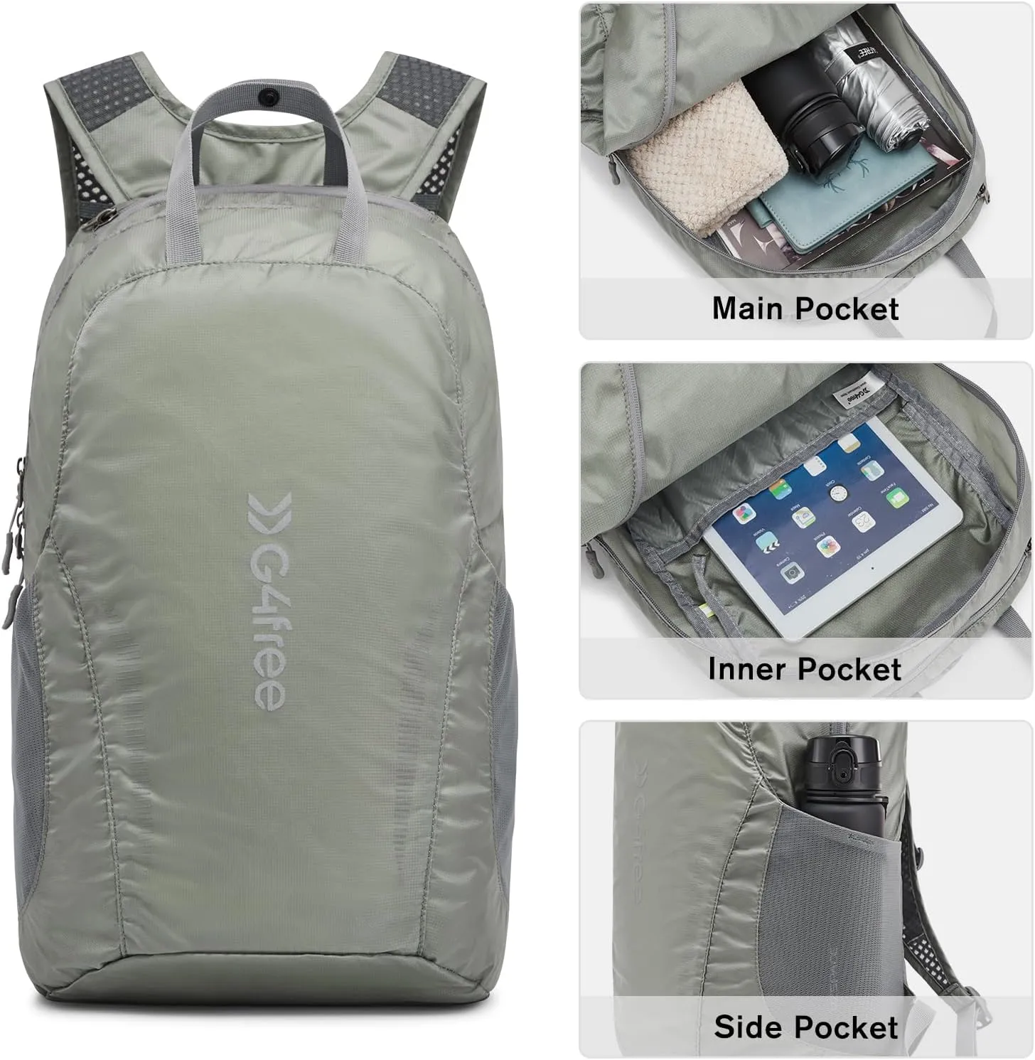 G4Free 25L Lightweight Hiking Backpack Packable Foldable Sport Travel Daypack Water Resistant for Women Men（Grey Green）