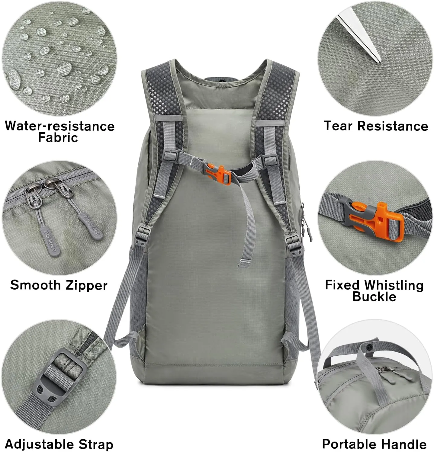 G4Free 25L Lightweight Hiking Backpack Packable Foldable Sport Travel Daypack Water Resistant for Women Men（Grey Green）