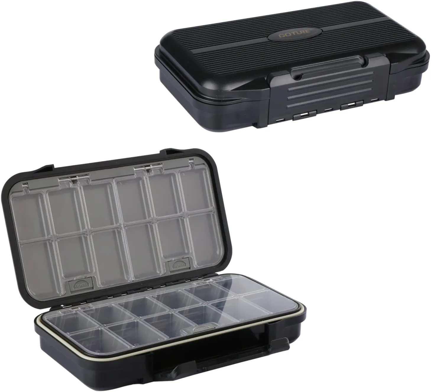 Goture Small Tackle Box, Black Waterproof 2 Sided Adjustable Fishing Lure Tackle Boxes