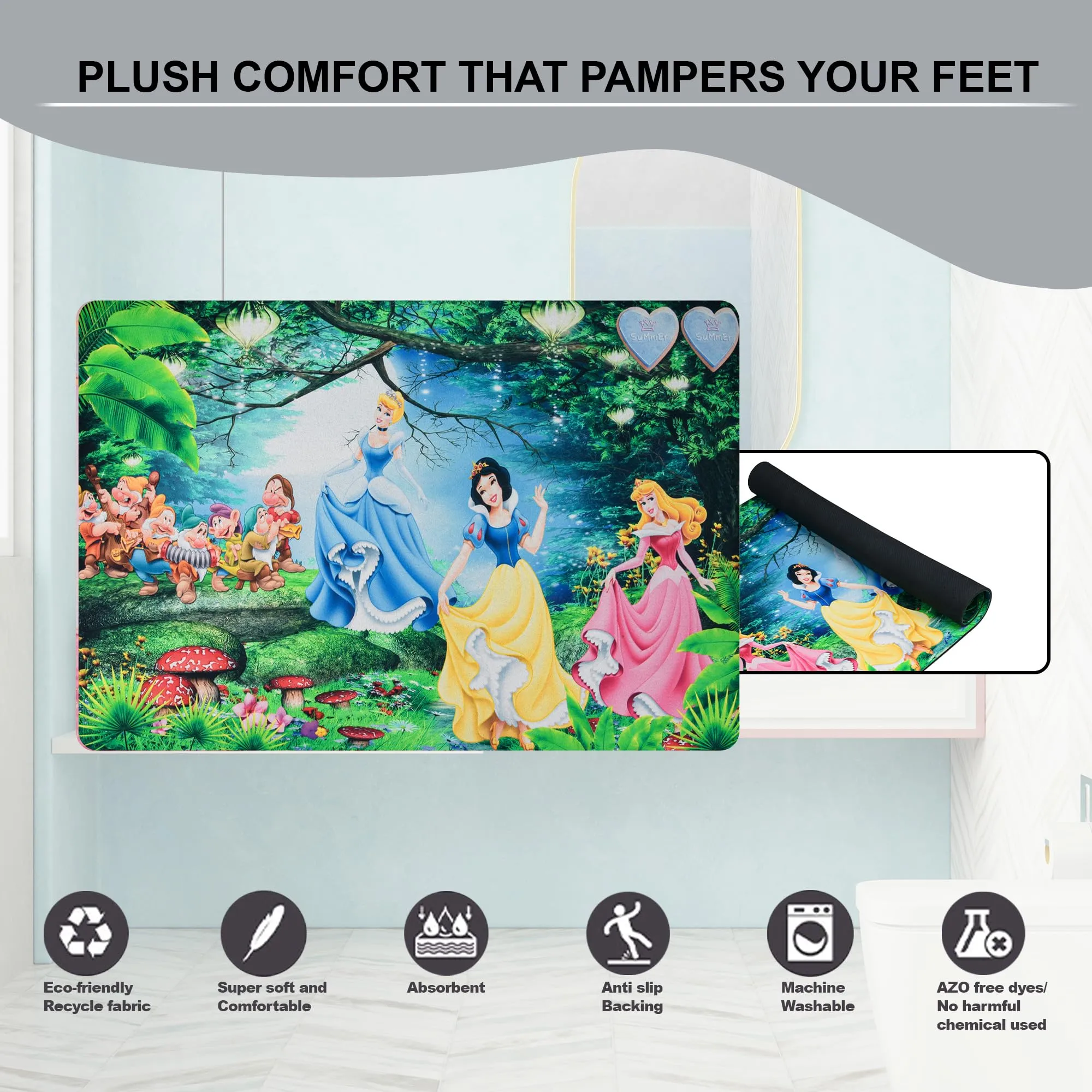 Kuber Industries Disney Princess | Anti Skid Door Mat | Super Absorbent Bath Mat | Rubber Floor Mat for Home | Quick-Drying Non-Slip Floor Mat | HY025 | Green
