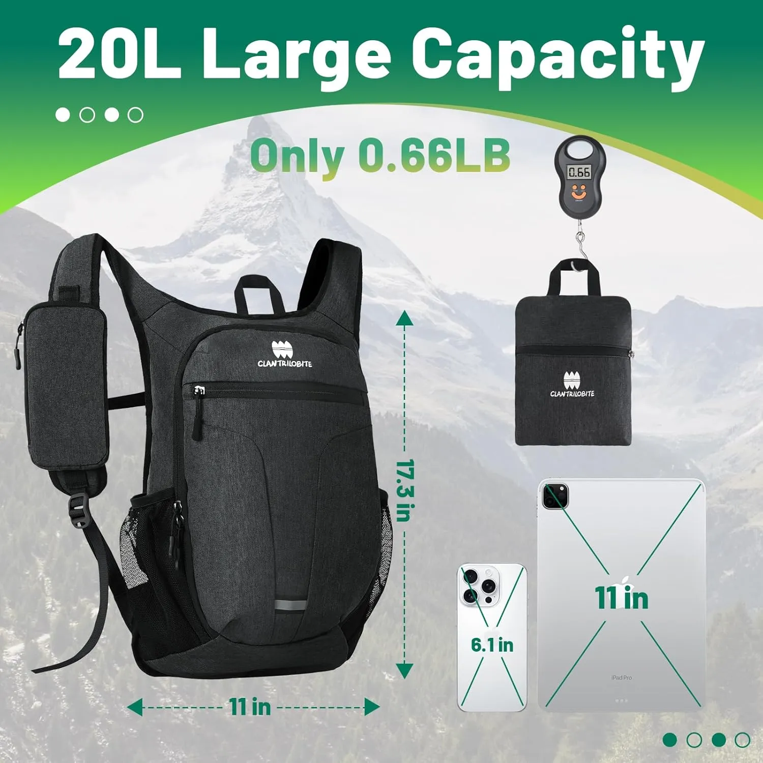 Lightweight Packable Backpack for Women Men - 20L Small Waterproof Foldable Daypack for Travel, Hiking, and Daily Use, Adjustable Chest Strap Multiple Pockets, Black
