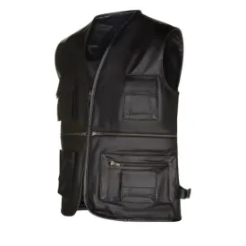 Mens Black Multi Pocket Leather Fishing Vest