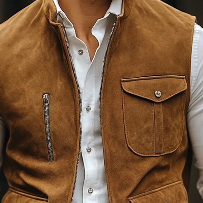 Men's Vintage Suede Stand Collar Zipper Multi-Pocket Vest 86716603U