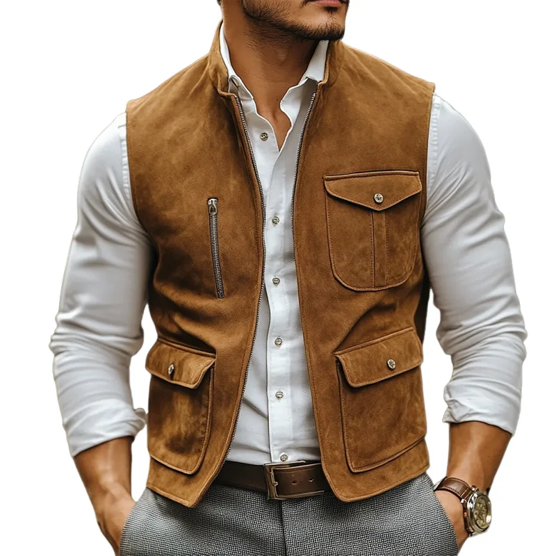 Men's Vintage Suede Stand Collar Zipper Multi-Pocket Vest 86716603U