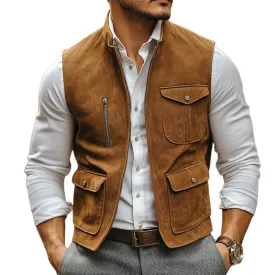 Men's Vintage Suede Stand Collar Zipper Multi-Pocket Vest 86716603U