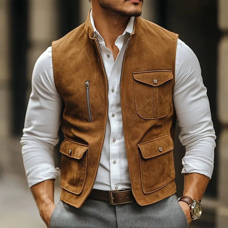 Men's Vintage Suede Stand Collar Zipper Multi-Pocket Vest 86716603U