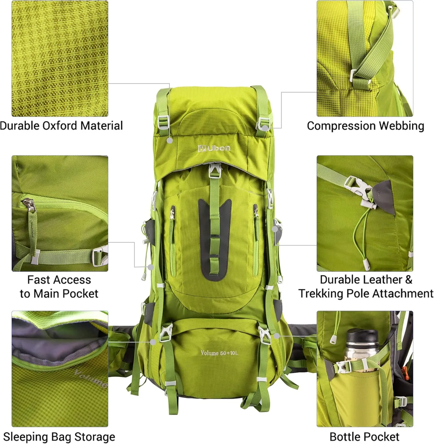 Ubon 60L Internal Frame Hiking Backpack Waterproof Camping Backpack with Rain Cover
